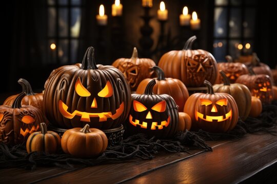 Fiery spirits illuminate the festive night as carved cucurbits beckon for tricks and treats in this indoor halloween scene