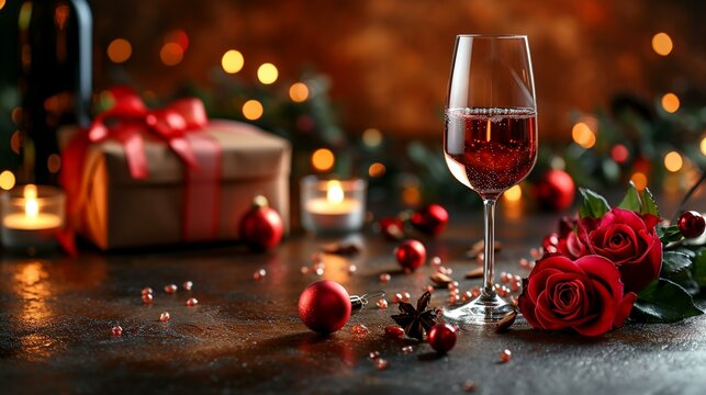 Modern and classy banner background with an elegant zotto gift box, wine glass, glass rose, bouquet, candles, and a spacious area for text. [Modern banner with zotto gift box, wine