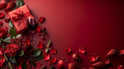 Sophisticated banner background showcasing an elegant zotto gift box, wine glass, glass rose, bouquet, candles, and ample space for text. [Sophisticated banner with zotto gift box,