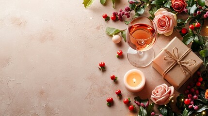 Fototapeta na wymiar Chic banner design with an elegant zotto gift box, wine glass, glass rose, bouquet, candles, and a well-arranged space for text. [Chic banner with zotto gift box, wine glass, glass