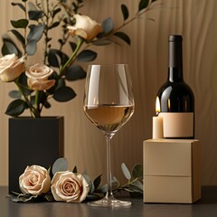 Modern banner backdrop design with an elegant zotto gift box, wine glass, glass rose, bouquet, candles, and a generous area for text. [Modern banner with zotto gift box, wine glass
