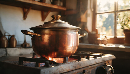 Innovative Cooking Essentials: Copper Pan and Stove for Hot Meals in a Home Kitchen - obrazy, fototapety, plakaty