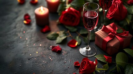 Fototapeta na wymiar Romantic banner design showcasing an elegant zotto gift box, wine glass, glass rose, bouquet, candles, and a well-arranged space for text. [Romantic banner with zotto gift box, win
