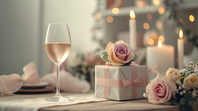 Elegant banner backdrop featuring a zotto gift box, wine glass, glass rose, bouquet, candles, and ample space for text. [Elegant banner with zotto gift box, wine glass, glass rose,