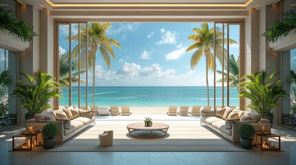 Elegant and sophisticated banner backdrop for a luxury beachside hotel, inviting guests to experience a deluxe holiday, with a well-designed space for text. [Elegant banner with lu - obrazy, fototapety, plakaty