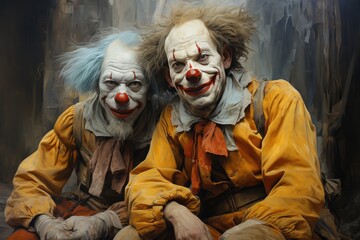 Two horror clowns, dressed in tattered clothing and wearing haunting halloween costumes, sit eerily still next to a painting of a distorted human face, evoking a sense of unease and macabre fascinati