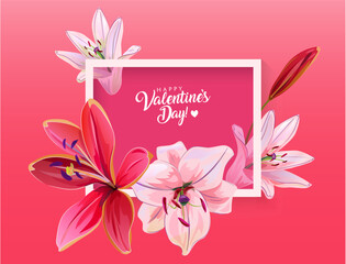 Square rectangular romantic card for Valentine's Day. Bright frame with pink, red, white lilies on bright background. Big Lily flower for Valentine greeting. Realistic illustration in watercolor style