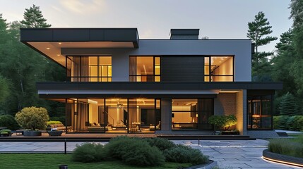 Sleek and contemporary exterior of a modern stylish house with ample space for text. [Modern stylish house exterior