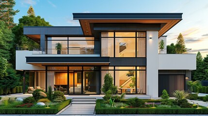 Front view of a modern stylish house with a clean architectural design, allowing for space for text. [Front view of modern stylish house - obrazy, fototapety, plakaty