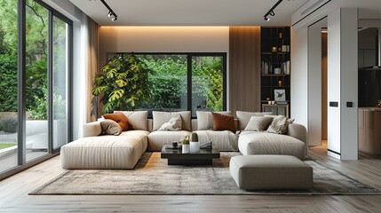Cozy and inviting living room space in a modern stylish house, perfect for adding text. [Inviting living room in modern stylish house