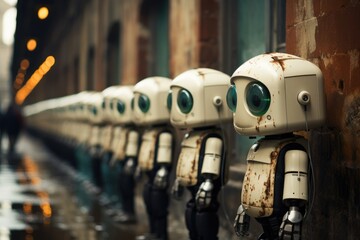 A row of green-eyed robots stand tall on the outdoor street, their metallic frames gleaming in the sunlight as they guard the bustling city, a symbol of progress and innovation on the ground