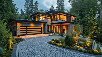 High-angle shot of a modern stylish house with a spacious driveway, allowing for text placement. [Modern stylish house with spacious driveway