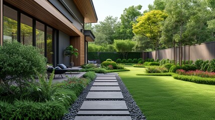 Well-manicured front yard of a modern stylish house, creating an appealing space for text. [Front yard of modern stylish house