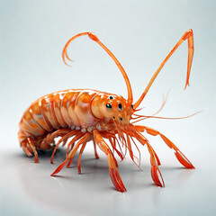 illustration of orange colored shrimp, curved, curved body, claws and long antennae, white background, high quality HD