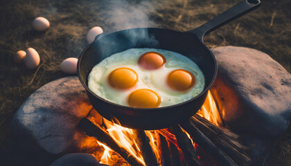 Fried Egg Cooked Over an Open Fire in a Black Frying Pan