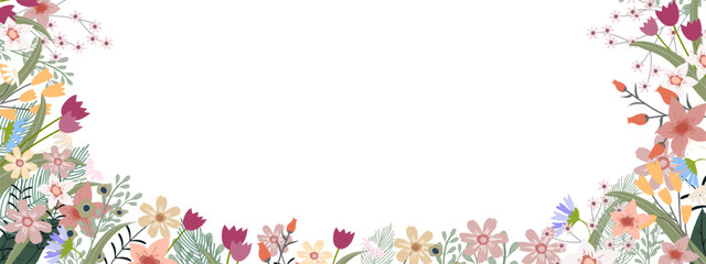 Spring background,Multicolour spring flowers and leaves on border on white background, Vector horizontal backdrop of cute blooming flora frame,Beautiful botanical for Mother day or Summer Holiday card