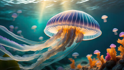 Obraz premium The Beauty of Underwater Jellyfish: A Glimpse into the Exotic and Transparent Life of these Stunning Sea Creatures