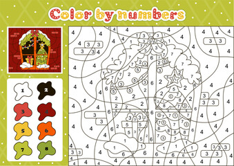 Winter themed coloring page by number for kids with cute decorated christmas window, christmas tree and gifts