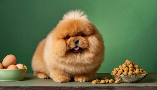 A fluffy dog sits beside eggs and a bowl of food on a green background, representing Bunny Chow for the menu.


