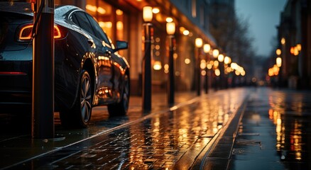 A solitary car stands still on a dark, rain-soaked street, its tires reflecting the city lights and...