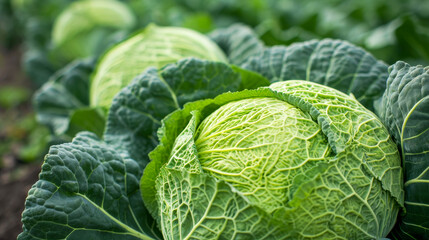 Fototapeta premium Row of Cabbages in a Lush Field 