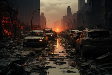 As the sun sets over the bustling city, a convoy of dusty cars make their way down the grimy street, surrounded by towering skyscrapers and endless clouds in the sky