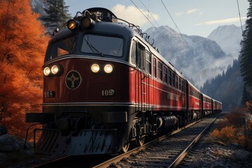 Obraz premium A vibrant red locomotive rolls through the majestic mountains, its steel tracks cutting through the lush outdoor landscape as it transports passengers on a scenic railway journey