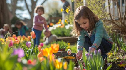 A charming Easter egg hunt unfolds in a quaint garden, with children eagerly searching for hidden treasures among blooming tulips and daffodils. The excitement and anticipation of - obrazy, fototapety, plakaty