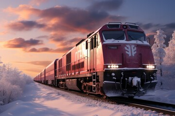 A majestic locomotive glides through a winter wonderland, its crimson frame contrasting against the snowy landscape and fiery sunset, while the steel tracks guide its journey through the rugged terra