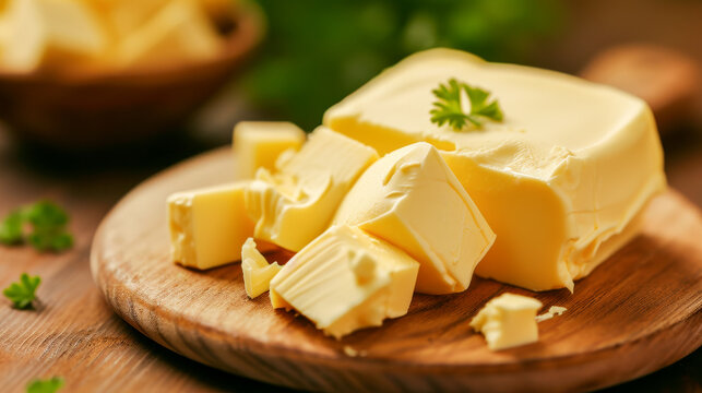 Cubed Butter with Fresh Parsley on Cutting Board
