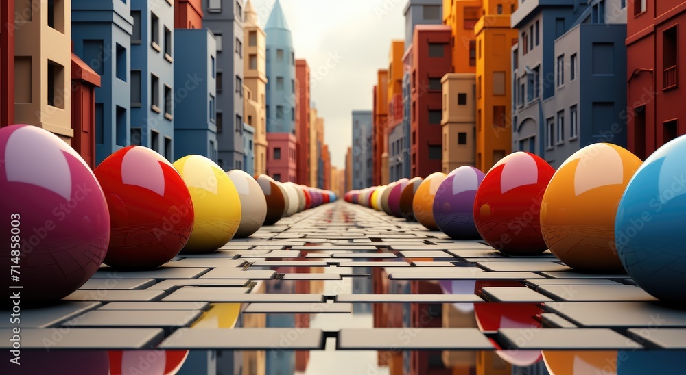Poster a vibrant array of spherical balls cascading down the side of a city building, adding a playful touc