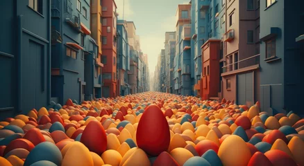 Fotobehang Amidst the towering buildings and bustling streets of the city, a row of vibrant orange eggs is lined up against the bright blue sky, an unexpected and whimsical sight © Larisa AI