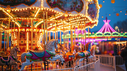 At a vibrant Easter carnival, a carousel adorned with Easter egg motifs spins joyfully, while children ride on festive Easter-themed attractions. The colorful lights and lively atm