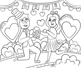 Romantic confessions of love between kids, coloring page for print