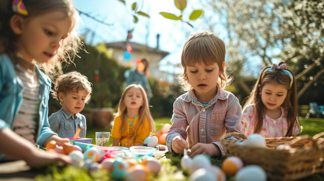 A family gathering in a sunlit backyard, where children engage in an Easter egg painting activity while the Easter bunny distributes treats. The sense of togetherness and creativit