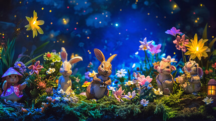 Fototapeta na wymiar A magical Easter garden with fairy lights, where an Easter bunny and its whimsical companions gather to celebrate under a starry sky. The enchanting scene captures the mystical cha
