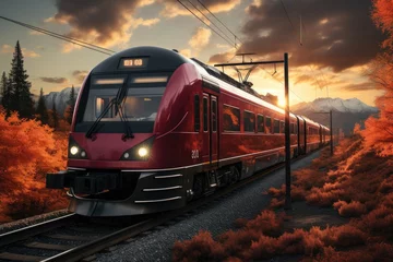 Fototapete Rund A red electric locomotive rolls along the railroad tracks, passing through a lush outdoor landscape with a cloudy sky above, transporting passengers to their destination at the train station © Larisa AI