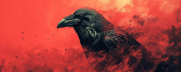 Raven Illustration with Dark and Red Details. Detailed Grungy Raven Illustration. Raven in Red.