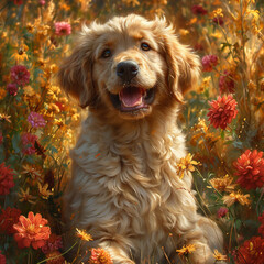 Happy Golden Retriever in Autumn Flowers, Pet Portrait in Seasonal Setting