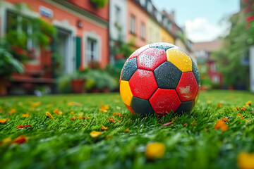 A football in the colors of Germany lying in a garden of a typical German house