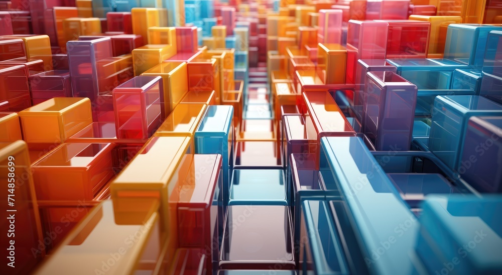Poster a vibrant collection of multicolored rectangular shapes perfectly aligned inside, creating a visuall