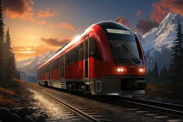 Fototapeta premium As the sun sets over the snow-capped mountains, a red train travels along the railway track, its rolling stock and passenger cars cutting through the tranquil landscape, a symbol of efficient public 