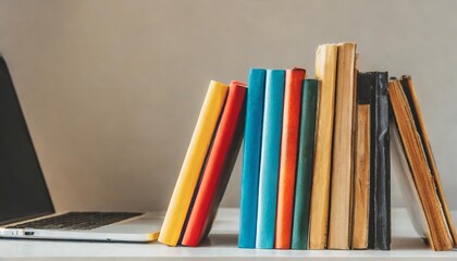 a white book shelf with multiple colorful books on it online meeting background education