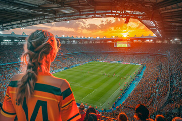 Back view of a female fan in a football stadium - obrazy, fototapety, plakaty