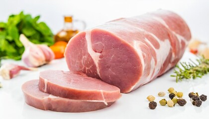 a closeup of sliced homemade raw pork tenderloin on white background