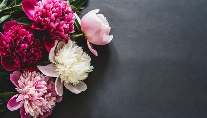 Obraz na płótnie Canvas beautiful bouquet of pink and white peonies on a black background with place for text minimalistic composition in a dark key flat lay moody floral copy space