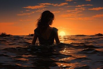 Fototapeta premium A lone figure basks in the ethereal glow of the setting sun, her silhouette against the vibrant sky mirrored in the calm waters, a serene moment captured at the beach