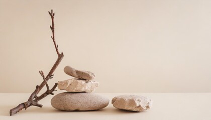 abstract nature scene with composition of stones and dry branch neutral beige background for...