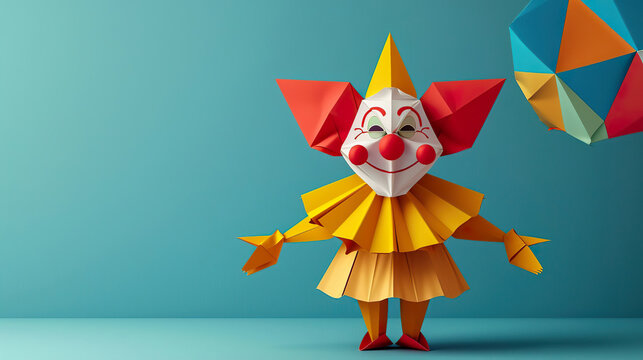 Multicolored origami paper clown, illustration. Place for text