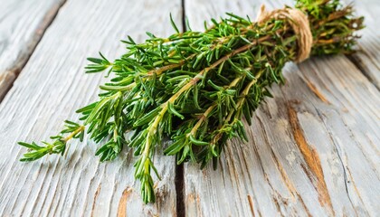 bundle of thyme on the white board horizontal